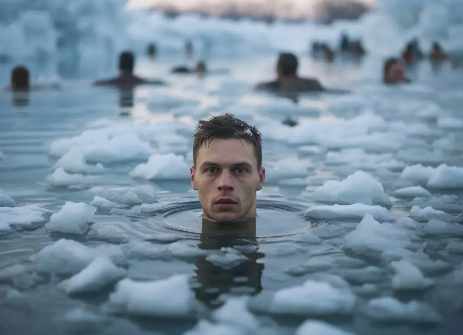 Swimmers brave freezing waters, demonstrating why do athletes take ice baths for muscle recovery and performance.