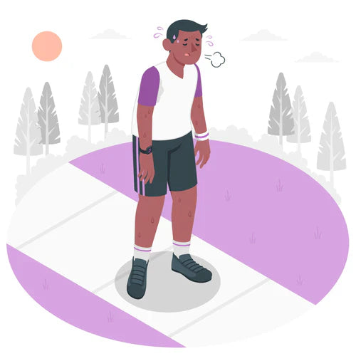 Concept illustration of a tired athlete sweating profusely while training outdoors in the sun.